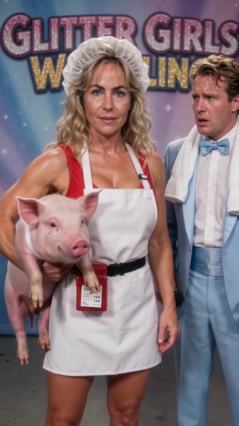 Big Barb the Butcher in her apron and hairnet, holding her pet pig Pork Chop