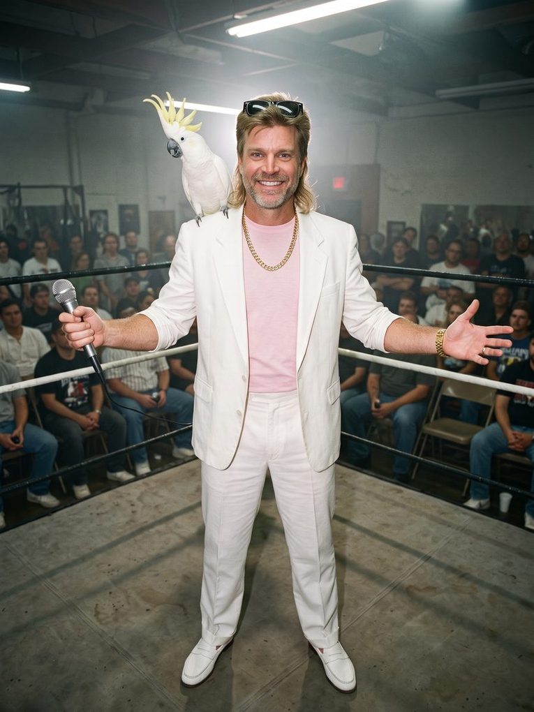 Commissioner Manny Mayhem in a white suit and pink T-shirt, holding a microphone in the ring with Mr. Feathers the cockatoo on his shoulder