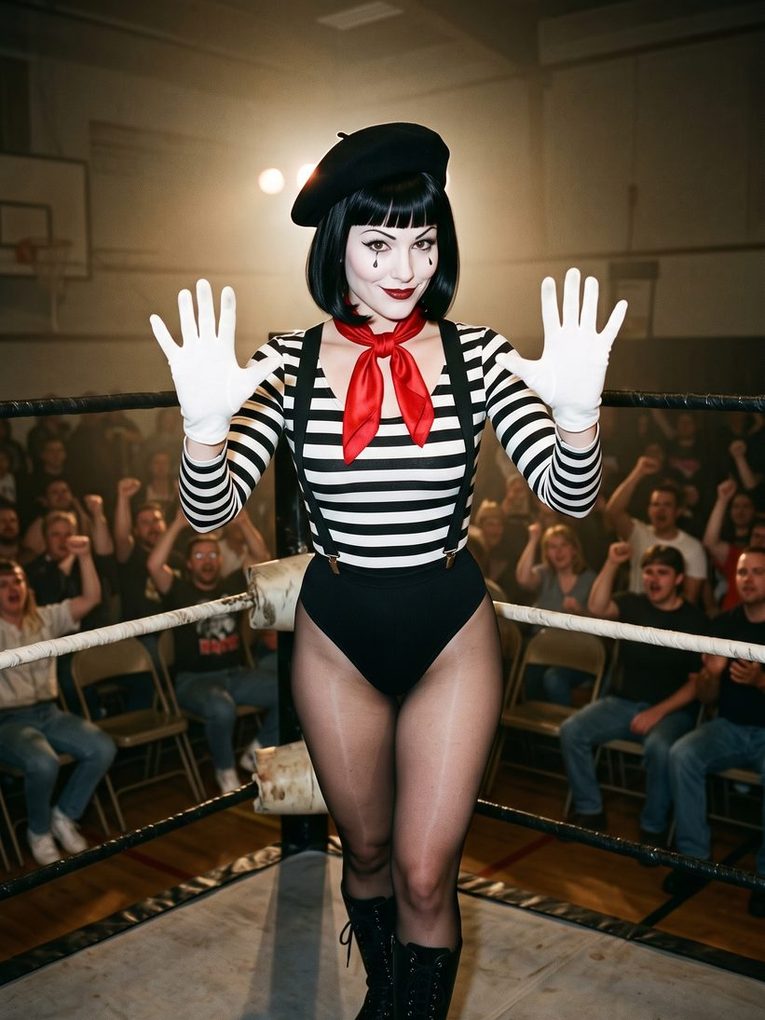 Mimi the Mime in the ring at a G.L.A.M. taping